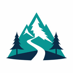 Mountain with road and pine tree icon vector silhouette on white background 