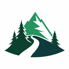 Mountain with road and pine tree icon vector silhouette on white background 
