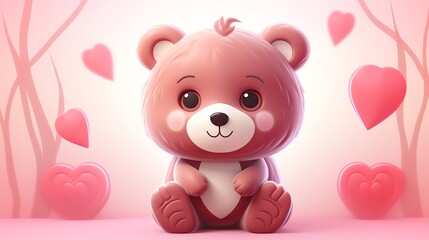 Obraz premium Adorable pink teddy bear with hearts, perfect for Valentine's Day or a cute romantic gift, set against a soft background.