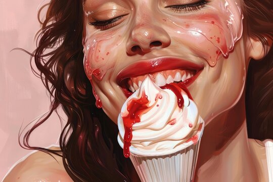 a woman happily eating dessert with a smile and smeared face