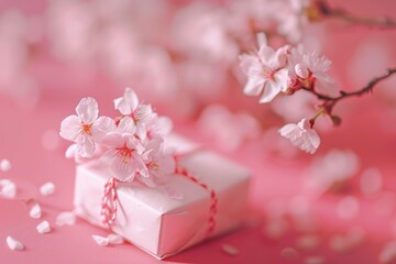 A small gift box with cherry blossoms wrapped around it, placed on pink background, minimalistic style