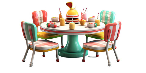 A colorful table set for a fun summer tea party with cupcakes, fruit, and charming, vibrant chairs around a pedestal table.