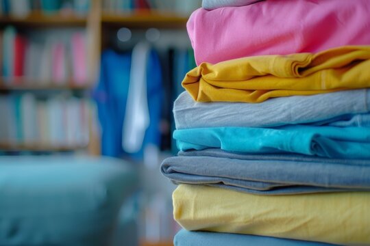 A stack of colorful tshirts neatly folded on top of each other, with one shirt in the foreground showing off its texture and colors.