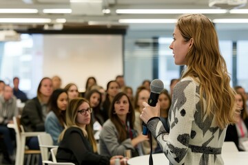 Woman speaking into microphone in front of audience. Indoor event photography.
