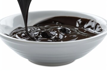 Decadent dark chocolate sauce being poured into a white bowl, showcasing its rich and velvety texture, perfect for a gourmet dessert topping
