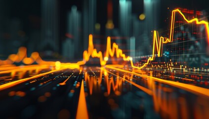 A stock market graph with orange and black lines, representing the financial performance of a company over time. The background is blurred to focus on the detailed upward trend in the trading data.