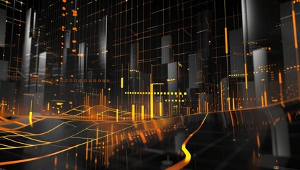 A stock market graph with orange and black lines, representing the financial performance of a company over time. The background is blurred to focus on the detailed upward trend in the trading data.