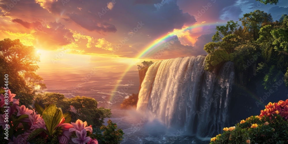 Sticker Rainbow and waterfall scene in a tranquil view