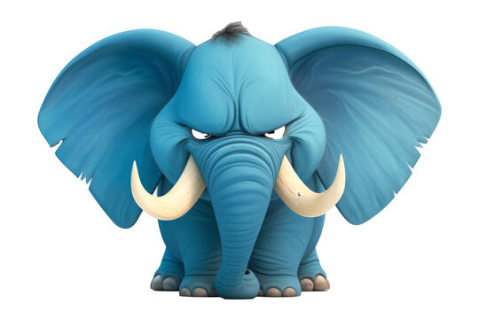 An animated, blue cartoon elephant with large tusks and an angry expression stands against a white background.