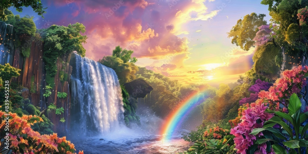 Wall mural Rainbow and waterfall scene in a tranquil surroundings