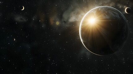 Fototapeta premium Dramatic Celestial Sunrise Over Majestic Planetary Orb Floating in Vast Starry Cosmos
