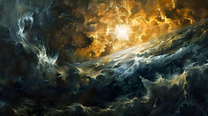 Fototapeta premium Dramatic Fiery Cloudscape with Explosive Celestial Ignition and Turbulent Atmospheric Energy