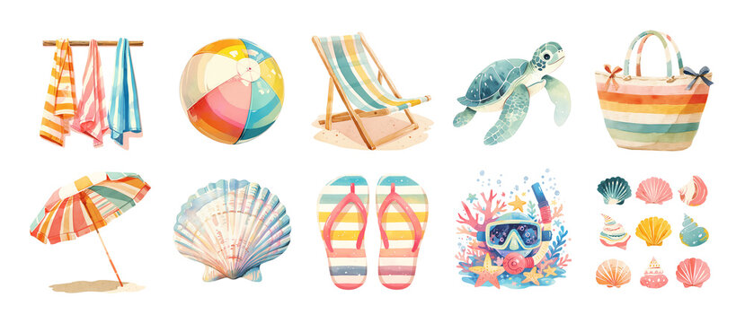Collection of beach-themed watercolor illustrations isolated on transparent background. Travel and vacation concept. Design for stickers,  t-shirts, summer product advertisement.