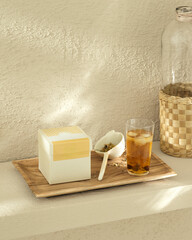 herbal hot tea with cups on the shelf