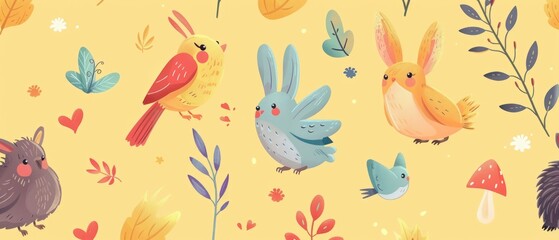 Charming Animal and Floral Pattern with Cute Cartoon Birds and Forest Creatures Perfect for baby products, wallpapers, and children's decor with a cute animal and floral theme.