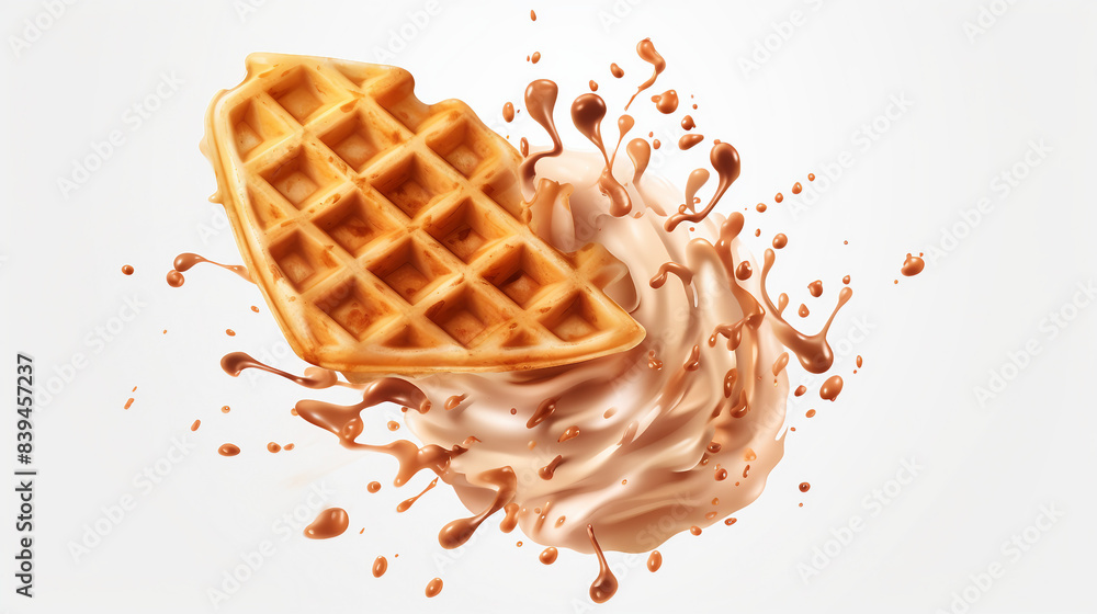 Wall mural Delicious Crispy Wafer with Chocolate Splash, Isolated Waffle - 3D Illustration for Marketing and Advertising Projects. - Wall murals