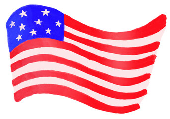 The American flag floats in the wind and is painted in bright colors.