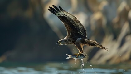 Obraz premium Predator of the Sky: Black Kite Snatches Fish from the Sea