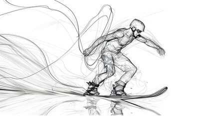 Obraz premium Fluid one-line drawing of a wakeboarder in dynamic motion