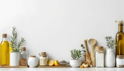 Variety of kitchen utensils and fresh ingredients displayed on a clean white kitchen countertop