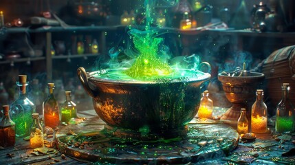 A bubbling cauldron filled with a vibrant green potion, surrounded by vials of colorful liquids and mystical herbs.