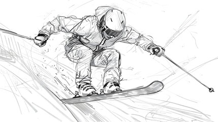 Obraz premium Freestyle Skier Performing Fluid One-Line Drawing Jump on Snowy Mountain Slope