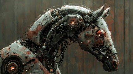 Fototapeta premium A digital painting of a horse-robot hybrid, rendered in a gritty industrial style. The focus is on the detail of the metallic bone structure