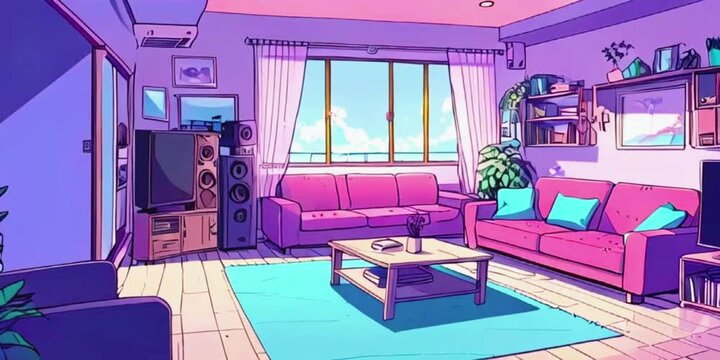 cozy lo-fi living room interior, vtuber asset twitch zoom OBS, anime chill hip hop. cyan purple colors manga style, loop animation, virtual backgrounds, stream overlay, wallpaper cozy room interior.