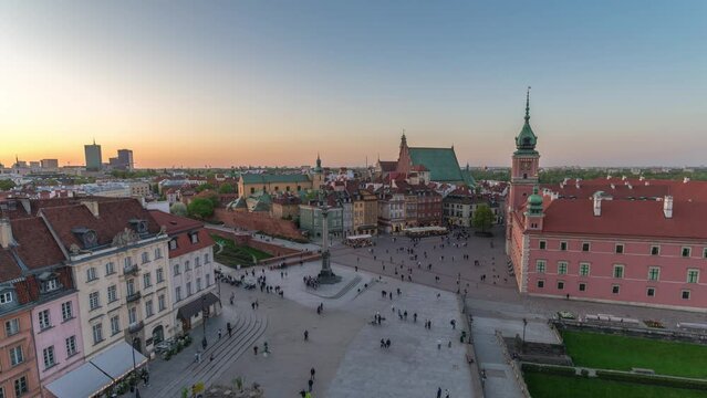 Warsaw Poland time lapse city skyline at Praga Footbridge and old town