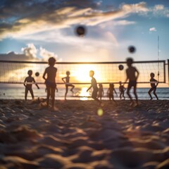 a group of kids playing volleyball on a beach at sunset
, a blurry image
