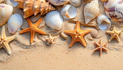 The sandy beach is adorned with a beautiful arrangement of seashells and starfish