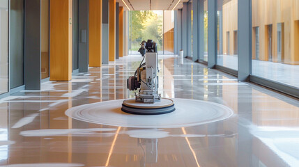 A machine cleans a marble floor in a building hallway with architectural elements