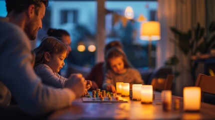 a family playing a board game at night, blurred
