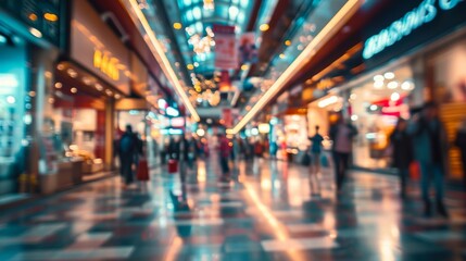 Fototapeta premium Abstract blurred photo of many people shopping inside department store or modern shopping mall. Urban lifestyle and black Friday shopping, motion, speed, blurred, group, city, modern