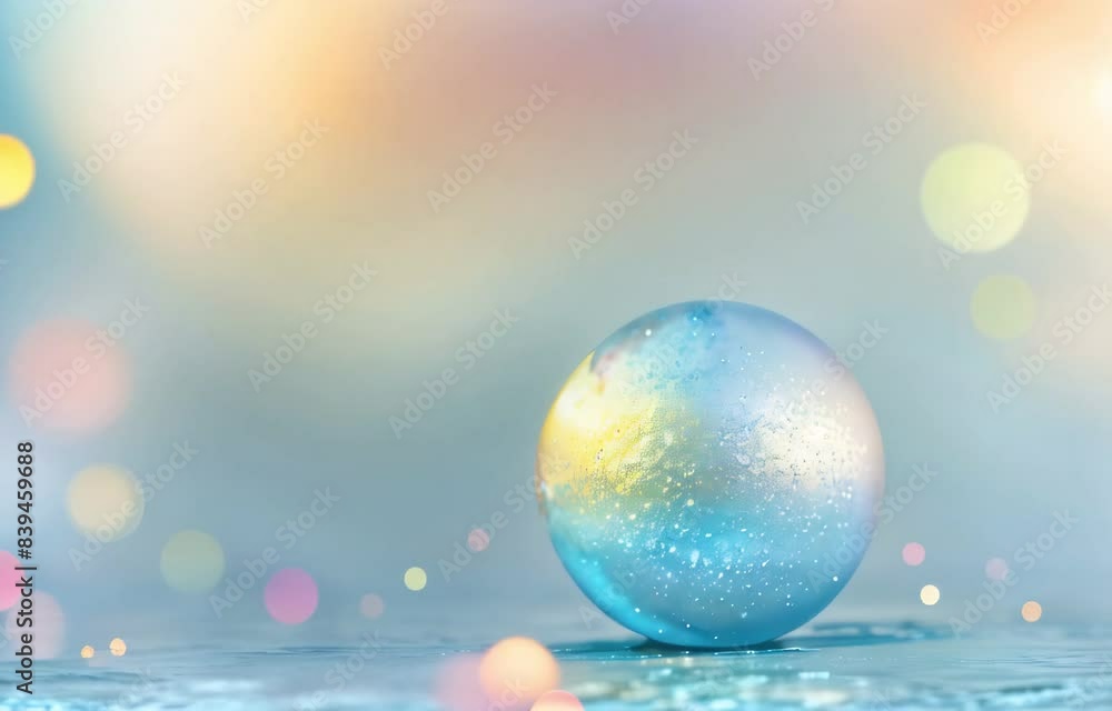 Poster enchanting abstract background with a sparkling sphere floating above serene water, surrounded by co