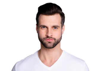 Close up photo amazing he him his  macho perfect ideal appearance neat bristle easy-going reliable person look calm not talk tell speak say smile wear casual white t-shirt isolated grey background