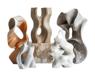 A collection of modern abstract sculptures in various shapes and materials, perfect for contemporary art and design inspiration.transparent, png,