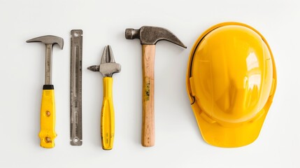 A hammer, saw, screwdriver, and safety helmet are laid out on a white surface