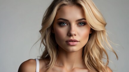 Fototapeta premium Blonde woman model wearing trendy clothes and makeup, model in trendy dress, photoshoot