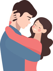 Happy young couple hugging. Smiling girl. Young girl hugs guy's neck. Brunette hugging guy. Woman and man hugging. Boy and girl smiling. Flat vector illustration isolated on white background. EPS10