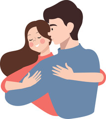 Happy young couple hugging. Smiling young girl hugs guy. Brunette hugging guy. Woman and man hugging. Girl on a guy's shoulder. Flat vector illustration isolated on white background. EPS10