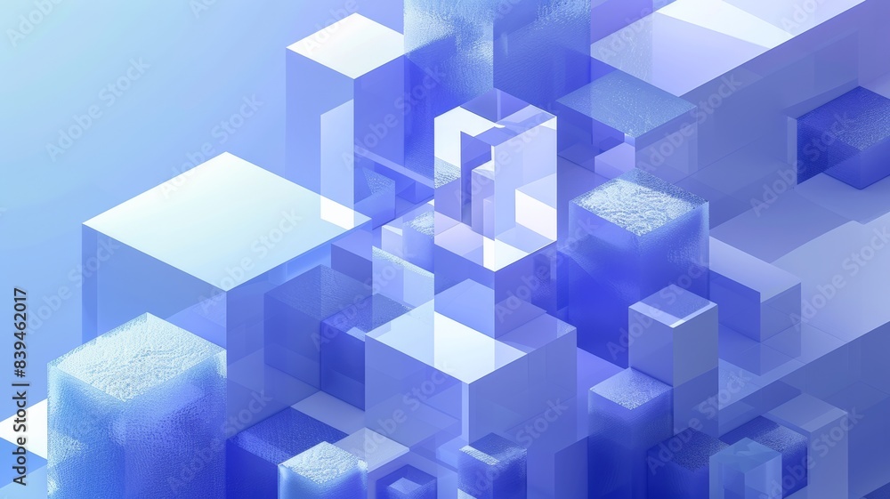 Poster abstract 3d rendering of blue and white cubes in a futuristic geometric pattern with a soft gradient