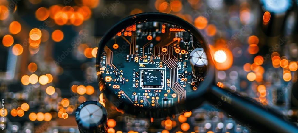 Poster close up of computer microchips under magnifying glass with space for text placement