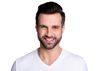 Close up photo amazing he him his macho perfect ideal appearance check mirror stylist quality visit work easy-going calm show white teeth bristle wear casual white t-shirt isolated grey background