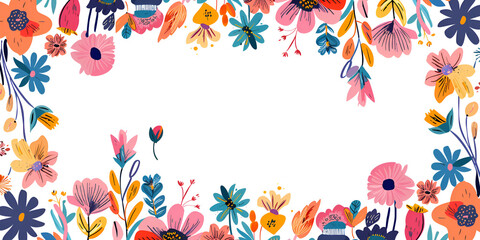 "Vibrant floral frame with colorful flowers on a white background | Decorative flower border creating a cheerful and artistic look"
