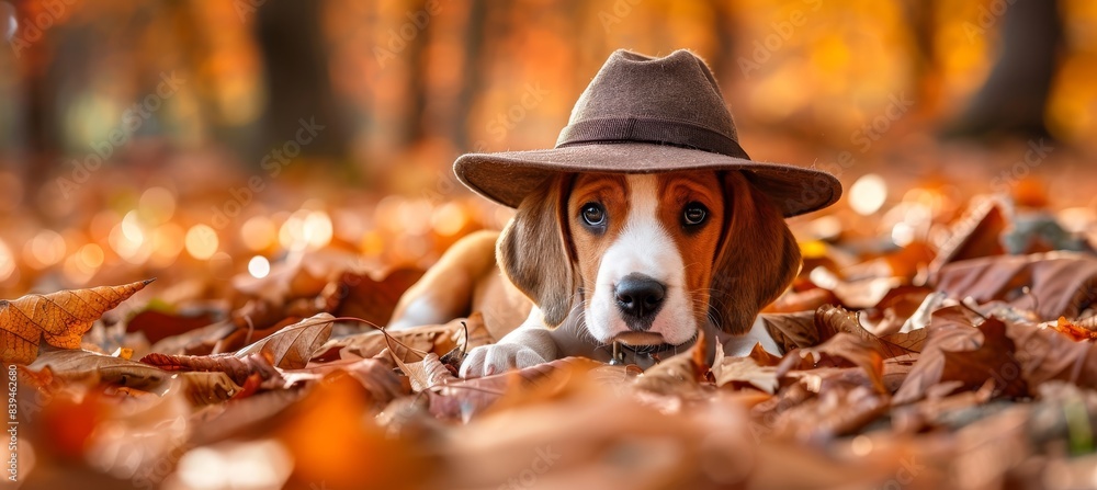 Poster charming puppy in fall attire with ample space for text, ideal for creative messaging