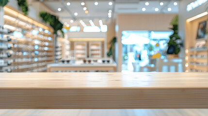 Empty wooden table in eyeglasses store. Bright interior of eyeglasses store with empty wooden table for product display, blurred background