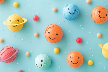 Minimalist, cute planet shapes with smiling faces, scattered on a light blue background