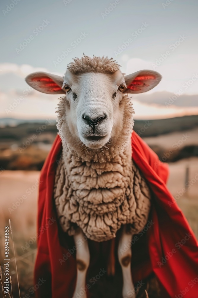 Poster superhero sheep in flight on gradient pastel background with ample space for text placement