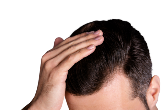 Cropped close up top above high angle photo amazing he him his macho touch arm hand neat groomed head haircut look mirror bath empty space wear casual white t-shirt isolated grey background